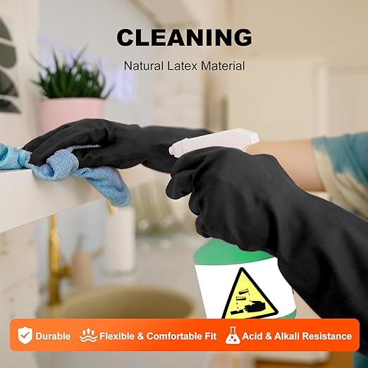 North Tower Heavy Duty Black Rubber Gloves for Cleaning - Non-Slip Grip Palm, Thick Household Gloves for Women, Kitchen Dishwashing, Car Washing, Mechanical Maintenance（Large-3 Pair）