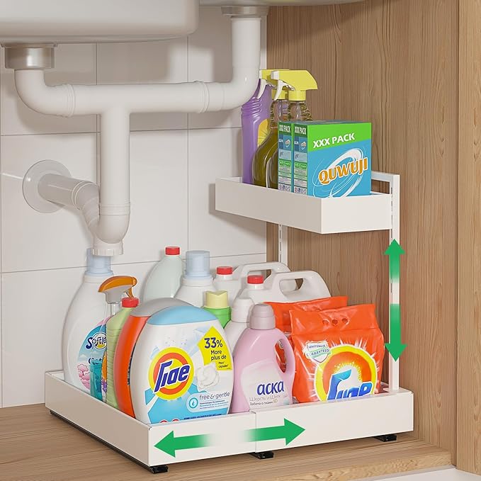 Expandable Under Sink Organizer, 2-Tier Under Cabinet Organizer, Height Adjustable Pull Out Rack for Kitchen Bathroom Laundry, White, 1 Pack