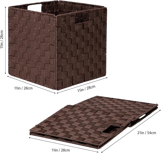 2-Pack Collapsible Ribbon Woven Storage Bins with Metal Structure, Shelf Basket, Pantry Organizer, Home Decorative Utility Cubes (11 x 11 x 11 in, Brown)