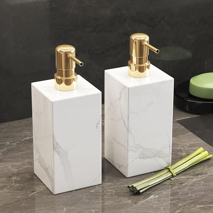 2 Pack Real Natural Marble Soap Dispenser with Stainless Steel Pump Decorative Liquid Hand Soap Bottle for Kitchen Bathroom, Compatible with Lotion, Dish Soap Shower Gel (White 2 Set)