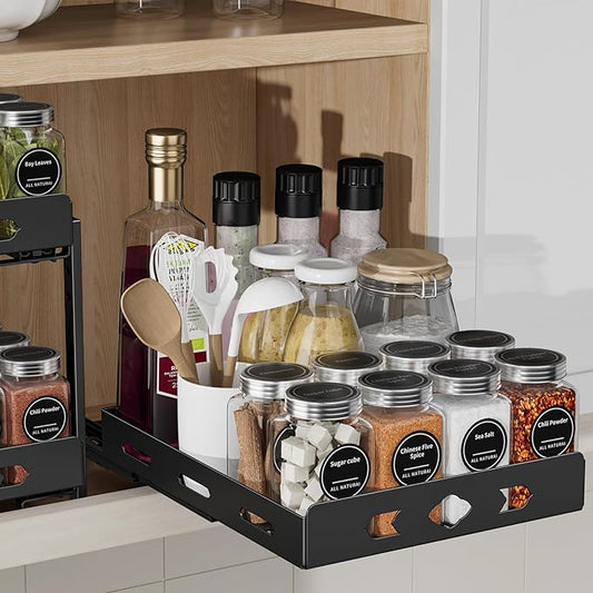 Pull Out Spice Rack, Heavy Duty Spice Rack Organizer, 1 Tier Spice Organization for Cabinet, Vertical Spice Rack for Kitchen, Cabinet, Pantry (8.4''Wx10.5''Dx2.8''H, Metal Black)