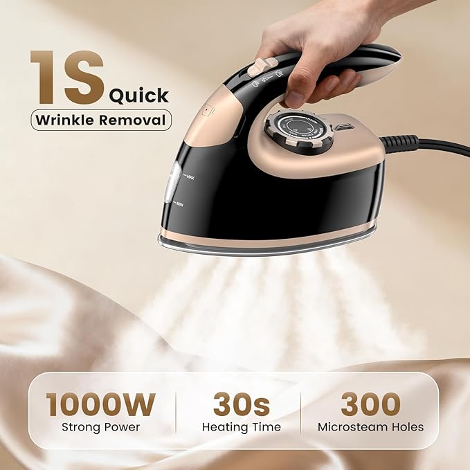 MIYOKO 2-in-1 Mini Travel Steam Iron, 1000W Portable Small Iron for Clothes, with Non-Stick Soleplate, 90ML Water Tank, 25G/Min High Speed Steams, 110-120V for Home Travel Use, Black & Gold