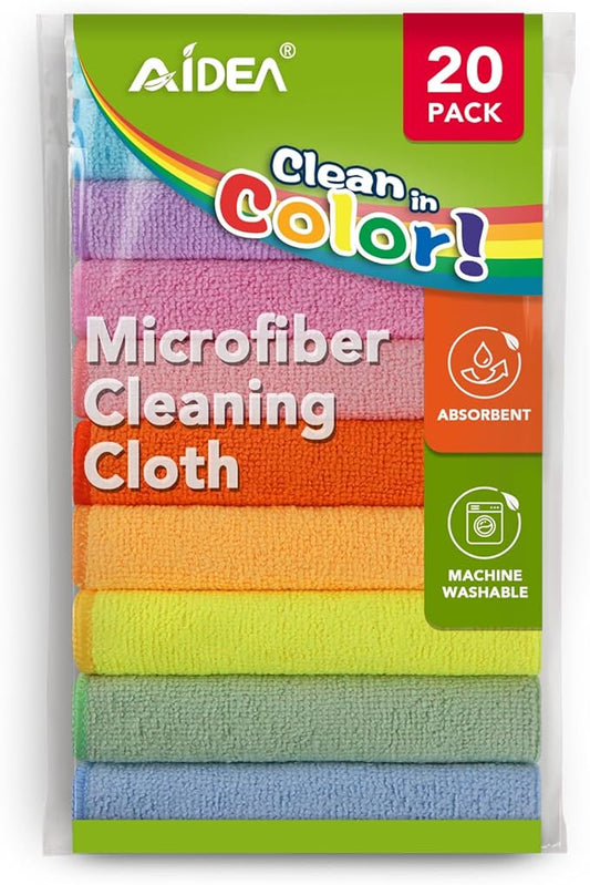 AIDEA Microfiber Cleaning Cloth, 20PK, Colorful Lint-Free Vibrant Cleaning Rags, Microfiber Towels for Cars, Wash Cloths, Dusting Cloth for Home, Window, Cleaning Supplies, 11.5"×11.5"