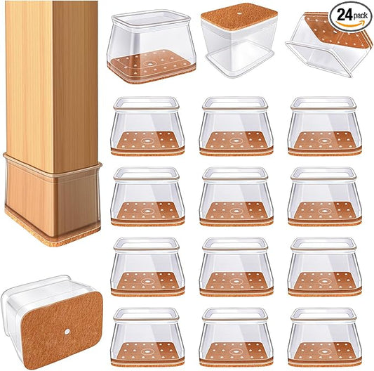 24 Pcs Chair Leg Floor Protectors for Hardwood Floors Rectangle Silicone Covers to Protect Wood Tile Floors Felt Pads Furniture Leg Caps Anti-Scratch Reduce Noise (Fit L:1-1/8" to 1-1/2",W:3/4" to 1")