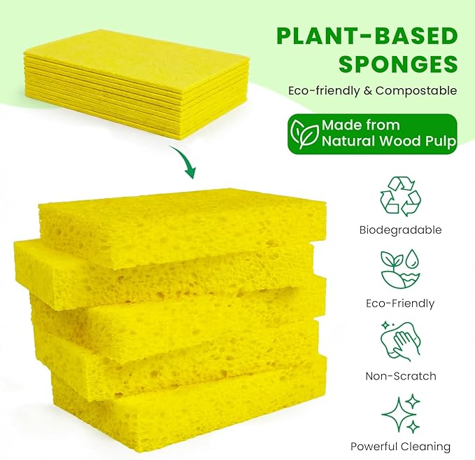 Kitchen Sponges, 12 Count, Non-Scratch Compressed Natural Cellulose Sponges for Dishes, Biodegradable & Compostable, Pop-up for Easy Storage, DIY Crafts and Cleaning