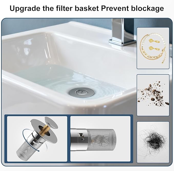 Click Clack Bathroom Sink Drain Stopper with 304 Stainless Steel Filter Basket, Detachable Design, Brass Bounce Setting, Fits Inner Diameters 1.10-1.25 in (28-32mm) (1PCS)