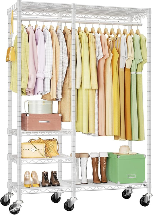 Ulif F4R Heavy Duty Clothes Rack（With Lockable Wheels ） Rolling Clothing Racks for Hanging Clothes，Adjustable Closet Organizer System，Portable Garment Rack 45"W x 15.8"D x 73.5"H，Max Load 650LBS，White