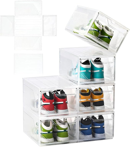 Large Shoe Boxes Clear Plastic Stackable，Drop Front Shoe Box with Clear Door, Shoe Containers For Sneaker Display,Fit up to US Size12 (white clear-Conjoined structure, 6 pack)
