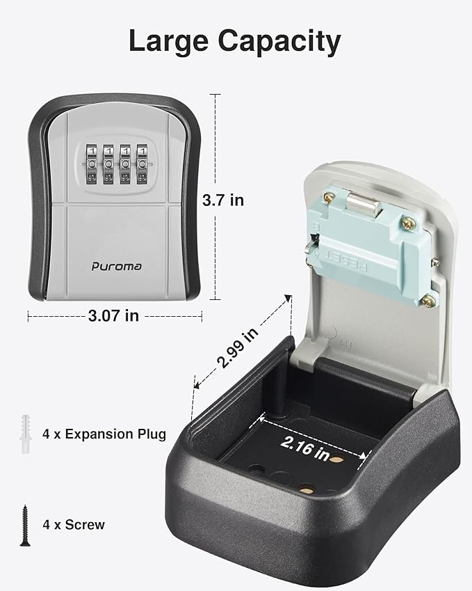 Puroma Key Lock Box Combination Lockbox Wall-Mounted Key Storage Box for House Keys, Resettable Code Safe Security Lock Box for Home, Office, Garage, Apartment Spare Key Storage (2 Pack, Grey)