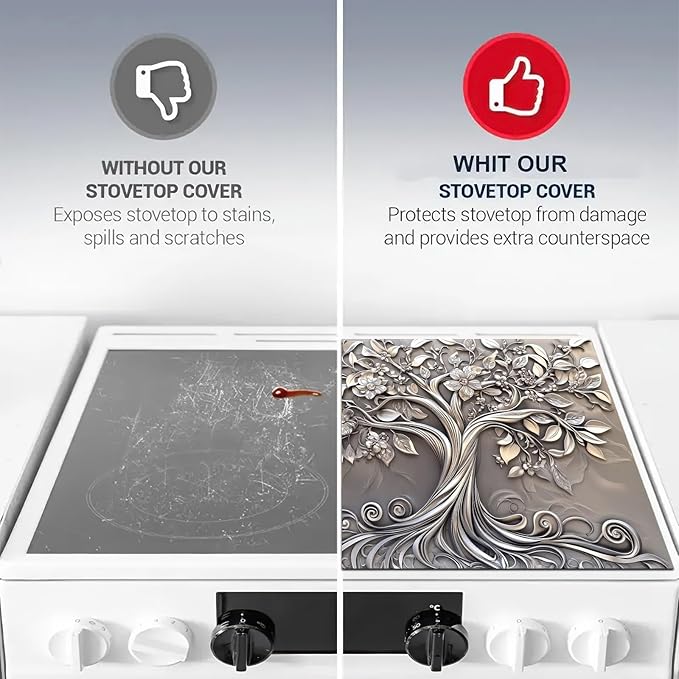 Stove Top Cover 28 x 20 inches Silver Tree of Life Stove Top Covers Pad Glass Flat Top Stove Mat for Kitchen Fit Under Coffee Maker Pot Water Absorbent Mat Diatomite