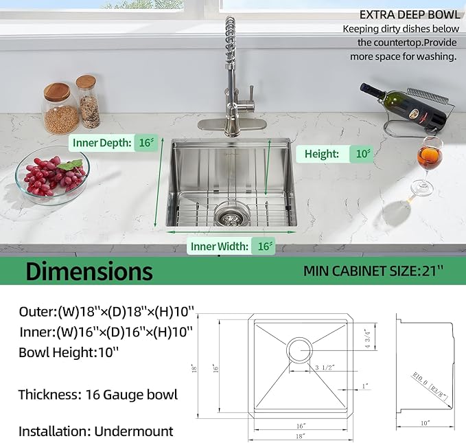 Undermount Kitchen Sink, 18 x 18 x 10 Inch Sink Kitchen 16 Gauge Stainless Steel Kitchen Sinks Single Bowl Workstation Sink with Cutting Board