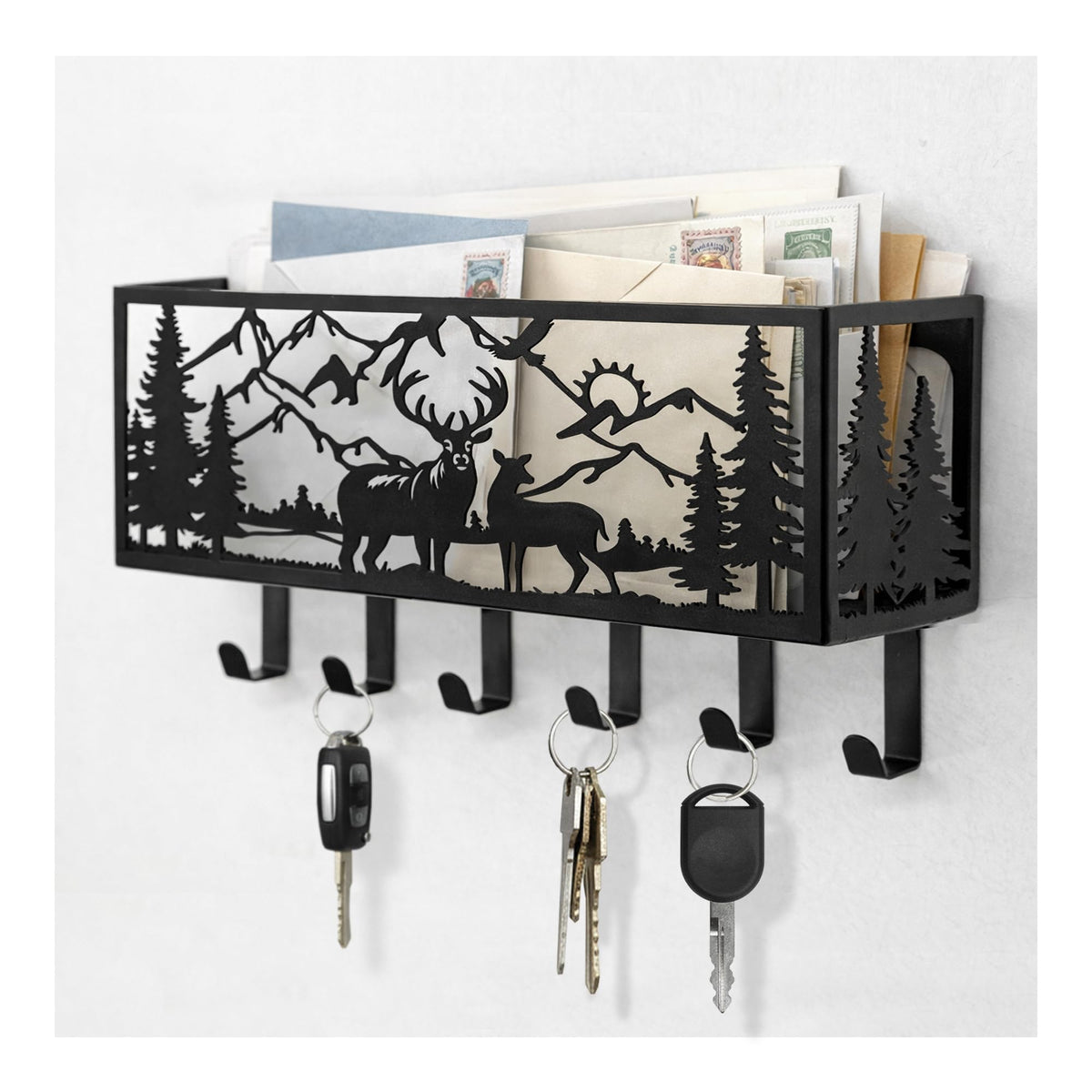 Key Holder Wall Mount with Mail Organizer, Deer Metal - Image 1