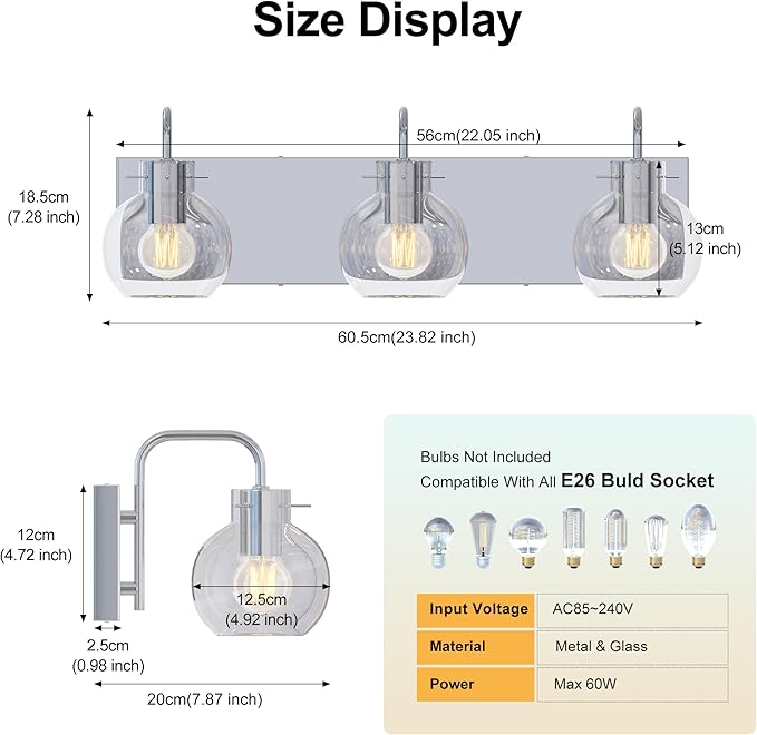 3-Light Bathroom Light Fixtures, Brushed Nickel Vanity Light, Modern Wall Lights with Clear Glass Shade, Bathroom Wall Lamp for Mirror Kitchen, Bedroom, Hallway,Living Room