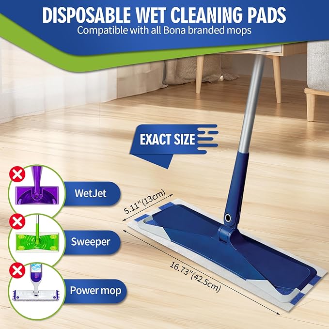 Disposable Wet Cleaning Pads for Hardwood Floor Compatible with Bona Mops, Multi-Surface Floor Household Replacement Mopping Cloths Refills, Unscented, 30 Count