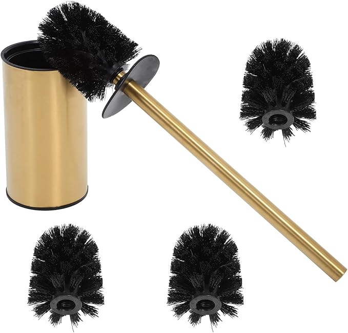 Operitacx Stainless Steel 304 Toilet Brush and Holder Set, Round Gold Bathroom Toilet Bowl Brush with Base and 3 Replacement Heads, Bathroom Cleaning Accessory for Home Use