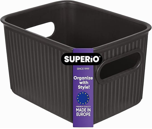 Superio Ribbed Collection - Decorative Plastic Basket Open Home Storage Bins Organizer, Small Brown (1 Pack) Container Boxes for Organizing Closet Storage Bins for Shelves Drawer Shelf 1.5 Liter