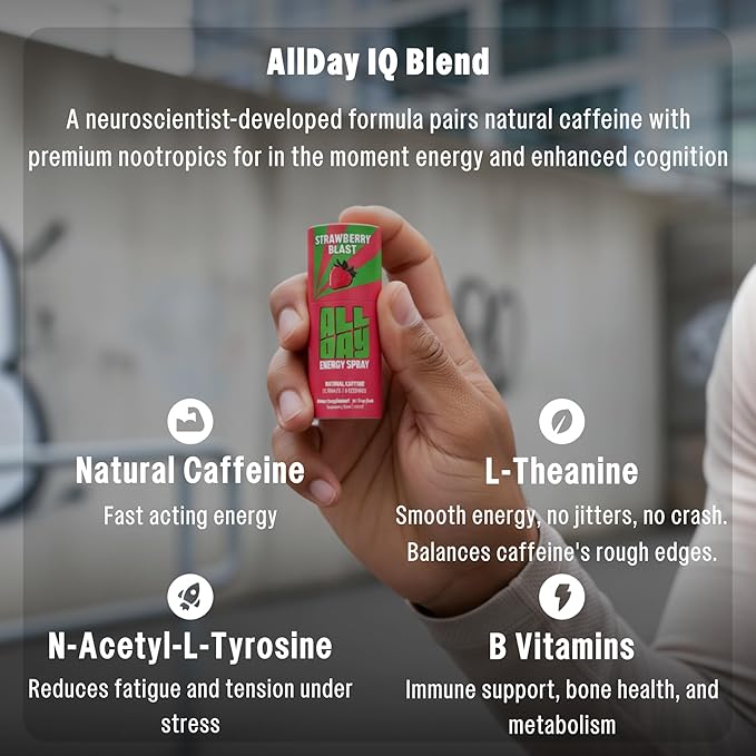 ALLDAY Focus + Energy Spray | Natural Caffeine + L-Theanine + Essential Vitamins | 0 Calorie, 0 Sugar | 12 Spray Bottle | Faster, Cleaner, Smoother Energy (4 Pack Strawberry)