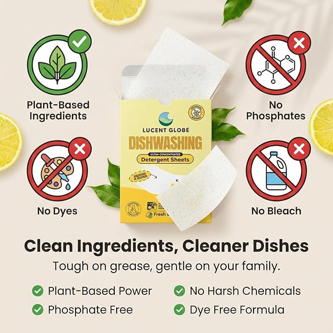 Lucent Globe Dishwasher Dishwashing Detergent Sheets, Dish Soap & Dishwashing Tablets Alternative. Plant-Based, Eco-Friendly, Lemon Scent & Plastic Free Packaging (64 Sheets)