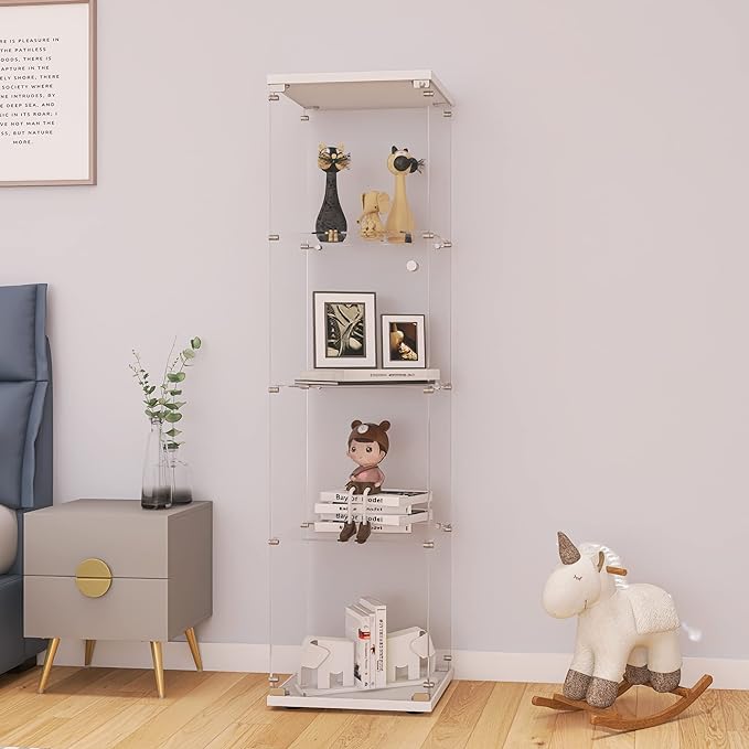 LFT HUIMEI2Y Glass Display Cabinet 4-Shelf with Door and Lock, Curio Cabinets Upgraded Quick-Install Style Tempered Glass Floor Standing Bookshelf for Bedroom, Living Room 65”x 17”x 14” White