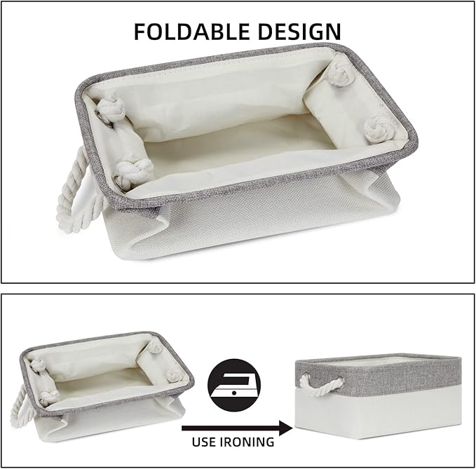 Bidtakay Small Fabric Storage Bins for Closet & Bathroom - Set of 6 Grey & White Baskets - Organizers for Kids' Bedroom