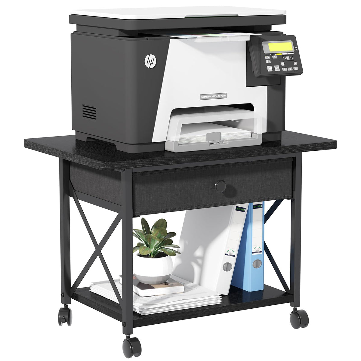Large Printer Stand with Fabric Storage Drawer and Locking Wheels - Image 1