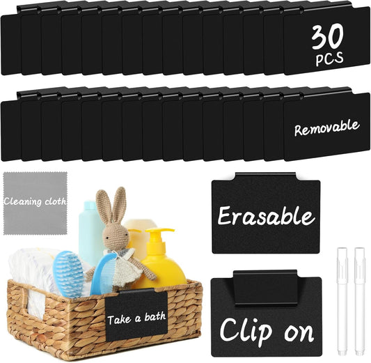 33PCS Basket Labels Clip On, 30 Labels for Storage Bins Removable with 2 Chalk Markers & 1 Wipe, Kitchen Pantry Labels, Plastic Storage Bin Label, Label Holder, Basket Tags, Bin Clips (Black)