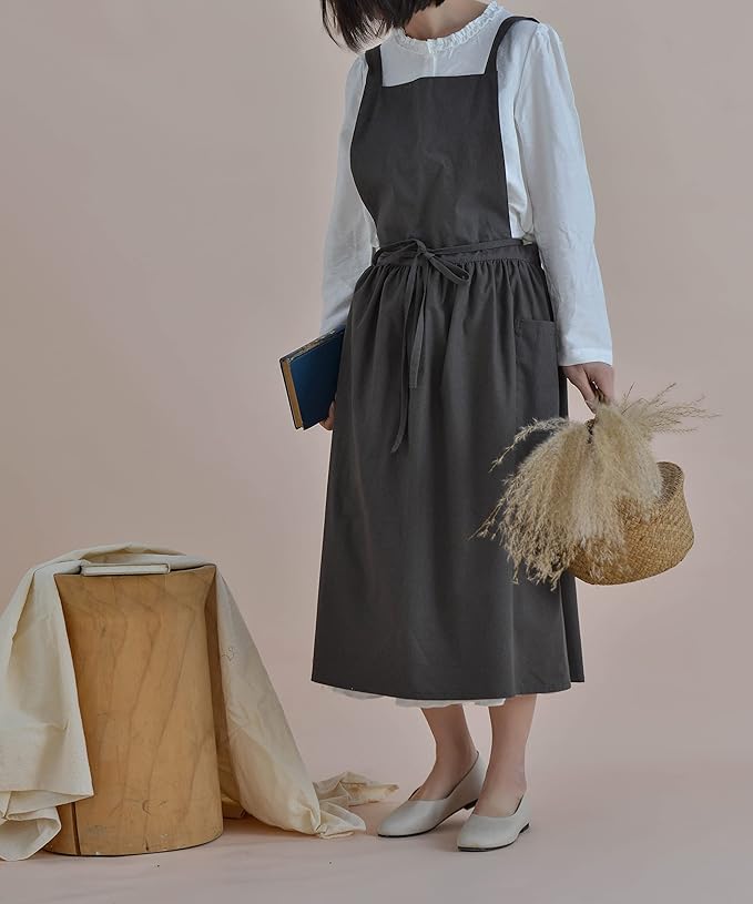 VLZUFE Women Cotton Linen Cross Back Apron with Pockets for Gardening Works Pinafore Dress