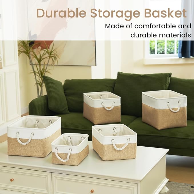 Storage Baskets for Shelves 11.8x7.9x5.2 Inch, Foldable Fabric Storage Bins with Handles, Small Storage Baskets for Organizing Closet, Office, Home Organization (6-Pack, White&Khaki)