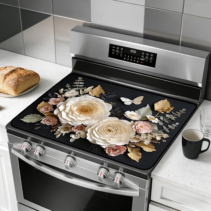 Glass Stove Top Covers for Electric Stove, Heat Resistant Counter Protector Mat, Non Slip Waterproof Surface Cover for Kitchen Counter and Cooktop (Floral Black, 28"L x 20"W)