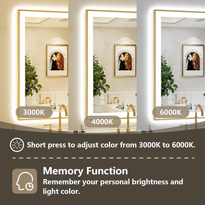 36x30 Inch LED Bathroom Mirror with Lights (Front Lit and Backlit) Gold Framed Lighted Vanity Mirror for Bathroom Wall Dimmable Anti-Fog Memory Tempered Glass Horizontal/Vertical