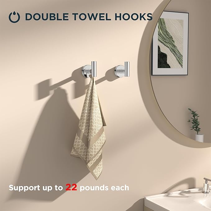 FORIOUS 4 Piece Bathroom Accessories, SUS304 Stainless Steel Toilet Paper Holder, Towel Ring and 2 Towel Hooks, Wall Mounted Bathroom Hardware Set (Chrome)