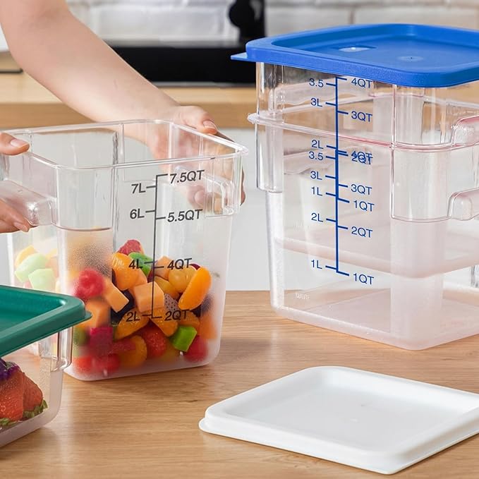 Lallisa 4 Pcs 8qt & 4qt Clear Food Storage Containers with Lids Handles and Scales, Stackable Plastic Square Food Storage Containers for Dough Proofing Baking Kitchen Restaurant(White, Blue)