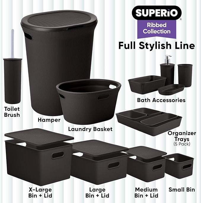 Decorative Plastic Basket Lidded Home Storage Bins Organizer Baskets, X-Large Brown (1 Pack - 22 Liter) Stackable Container Box, for Organizing Closet Storage Bins for Shelves - Ribbed Collection