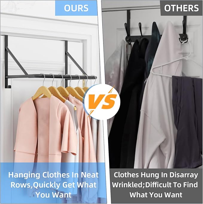 Over The Door Clothes Hanger Rod, Metal Over The Door Hanger for Coat, Clothes Drying Rack for Door for Laundry, Bedroom, Washroom, Fits Door Up to 1.97", Black