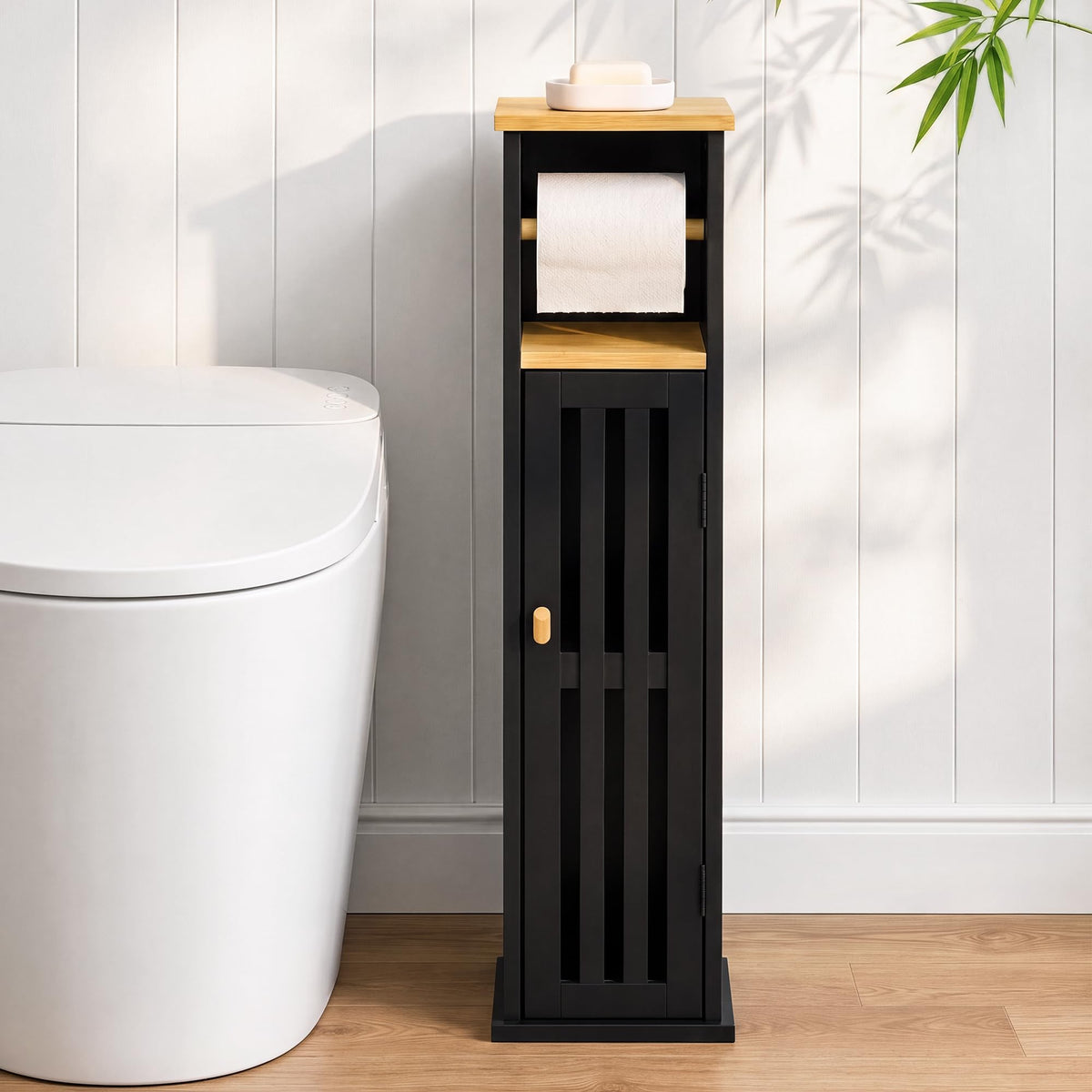Narrow Bathroom Storage Cabinet with Toilet Paper Holder, Black - Image 1