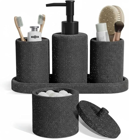 Clara Clark Bathroom Set - Coal Black Bathroom Accessories Set, 5PC Bathroom Accessory Set, Bathroom Sets with Soap Dispenser, Toothbrush Holder, Tumbler, Cotton Swab Jar & Vanity Tray