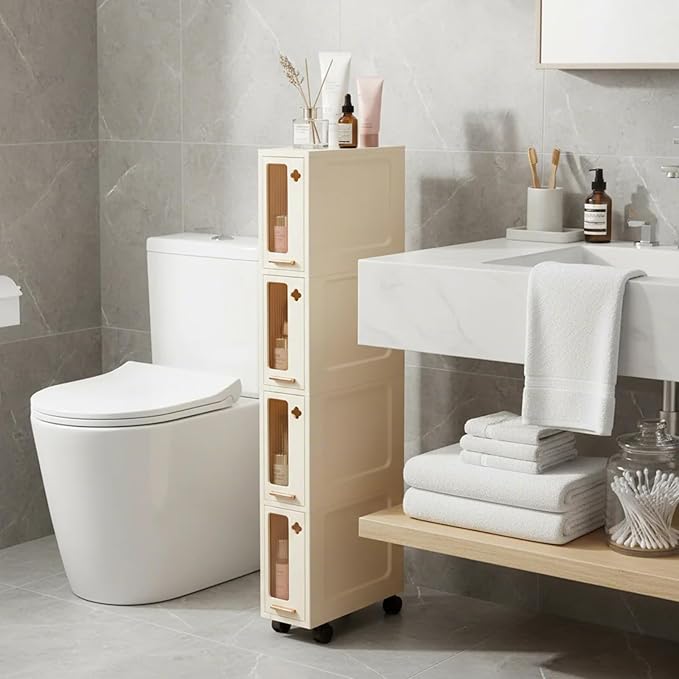Weysat Narrow Bathroom Storage Cabinet with Wheels Slim Storage Organizer with Transparent Doors and Shelves for Small Space, Bathroom, Bedroom, Kitchen(4 Tiers)