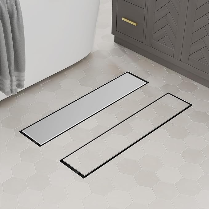 Linear Shower Drain 12 Inch,Modern Rectangle Shower Floor Drain with 2-in-1 Tile Insert Cover, Stainless Steel SUS 304, Linear Drain with Leveling Feet& Hair Strainer