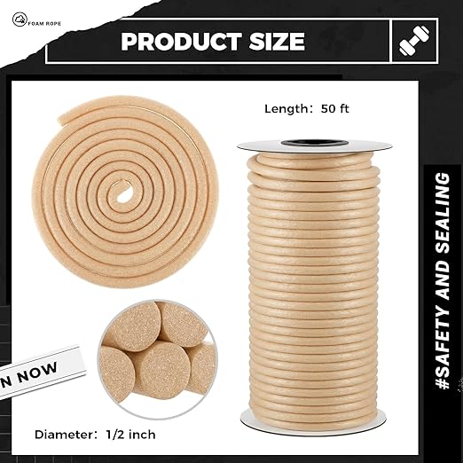 1/2 Inch x 50 ft Foam Backer Rod for Gaps Joints Concrete Crack Filler Caulk Saver Bulk Foam Backing Rod Concrete Filler Rope for Weather Stripping Door Seal (Sandy)