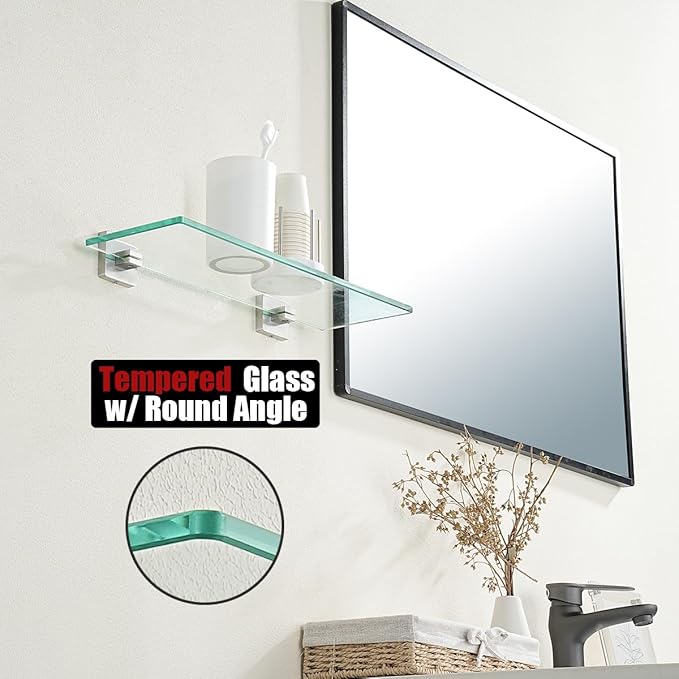 JQK Bathroom Glass Shelf, Floating Tempered Glass Shower Storage 20 by 5 inches, 304 Stainless Steel Brushed Finish Wall Mount, TGS201L20-BN