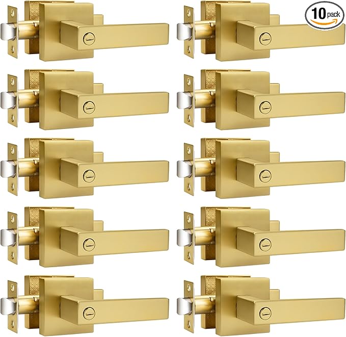 Probrico Gold Privacy Door Handle Lockset Heavy Duty Interior Door Lever for Bedroom Reversible Keyless Handleset Door Knob 10 Pack