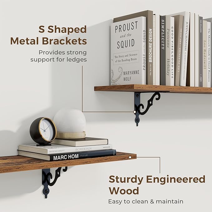 RICHFOCUS Floating Shelves for Wall Decor, 47.3W x 8D Shelves Set of 2, 8 Inch Deep Rustic Wood Shelf Wall Mounted with Brackets, Long Shelves for Living Room Bedroom Kitchen, Rustic Brown