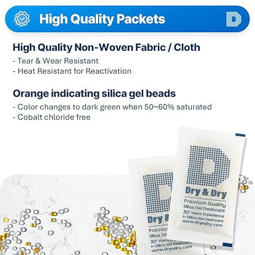 Dry & Dry 10 Gram [500 Packets] Premium Orange Indicating Silica Gel Packets Desiccants - Food Safe Silica Packets Silica Gel Silica Gel Packets