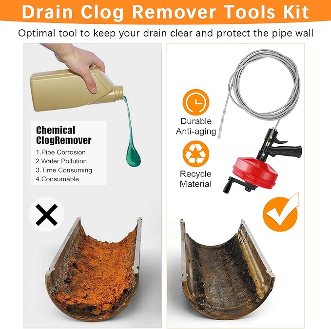 25 FT Double Mode Drain Snake Tools, 14-in-1 Drain Auger for Sink and Drain Unblocking, Plumbing Snake for Kitchen, Bathrom and Shower Sink, Drain Clog Remover for Real DYIs【Upgraded】