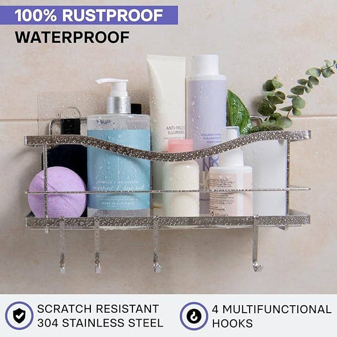 Luxury Multipurpose Storage Caddy, 12.75W x 5D x 5H inches, 4 Hooks, Peel and Stick, Rustproof Stainless Steel, Shower Organizer, Under-Sink, Spice Rack Wall Shelf (16)