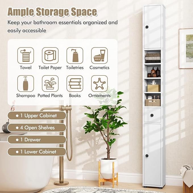 Giantex Slim Bathroom Storage Cabinet - 71” Tall Narrow Floor Cabinet Cupboard with 2 Doors, 5 Adjustable Shelves, 1 Drawer, Anti-Tipping Device, Thin Linen Tower Cabinet for Living Room (2, White)