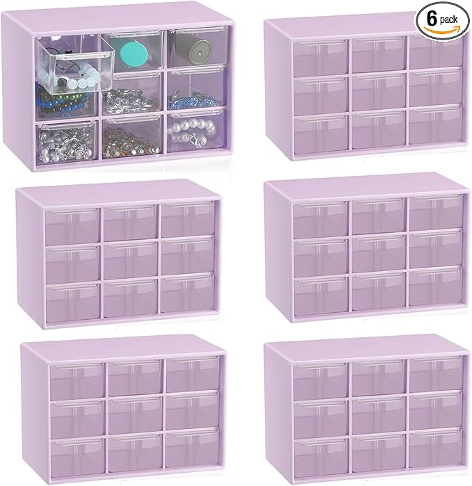 6 Pcs Small Drawer Organizer for Desk, Mini Desktop Drawer Organizer with 9 Clear Drawers, Plastic Desktop Craft Storage Box for Desk Office School Home 7.1" x 3. 8" x 4.6" (Purple)