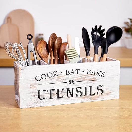 Utensil holder for Kitchen Counter Large Round Utensils Holder with Wooden Base Matte Black Cooking Utensil Holder，Kitchen countertop Utensil Organize (White-4 Compartments)