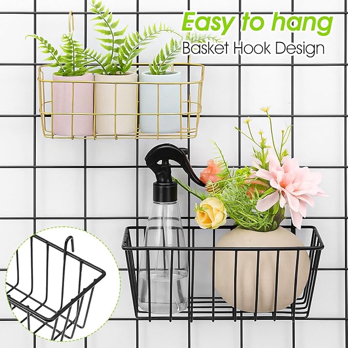 10 PCS Hanging Wire Baskets for Organizing - Hanging Metal Basket Storage with Wall Grid Panel, Rust-Resistant Iron for Kitchen Bathroom Home Decor (Black, 9x3.9x3 Inches)