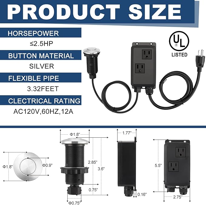 Garbage Disposal Air Switch Kit Wireless Sink Top Garbage Disposal Button Stainless Steel/On/Off Waterproof Button Kit with Long Switch Matte UL Listed(Dual Outlet,Silver,Long Size)